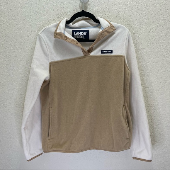 Lands' End Color Block Snap-Neck Fleece‎ Pullover tan and white warm fall wintee - Picture 1 of 3